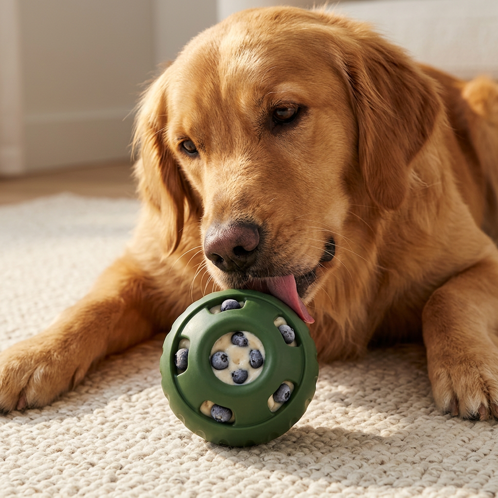 Golden retriever savourant sa balle ToutouGivré verte, langue visible, allongé sur un tapis clair